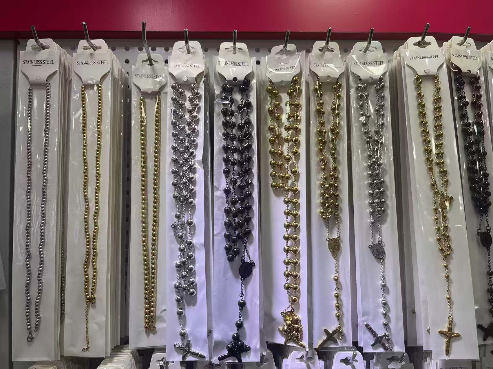 Stainless Steel Beaded Rosary Necklaces, Gold Silver Black Unisex Religious Chain Necklaces